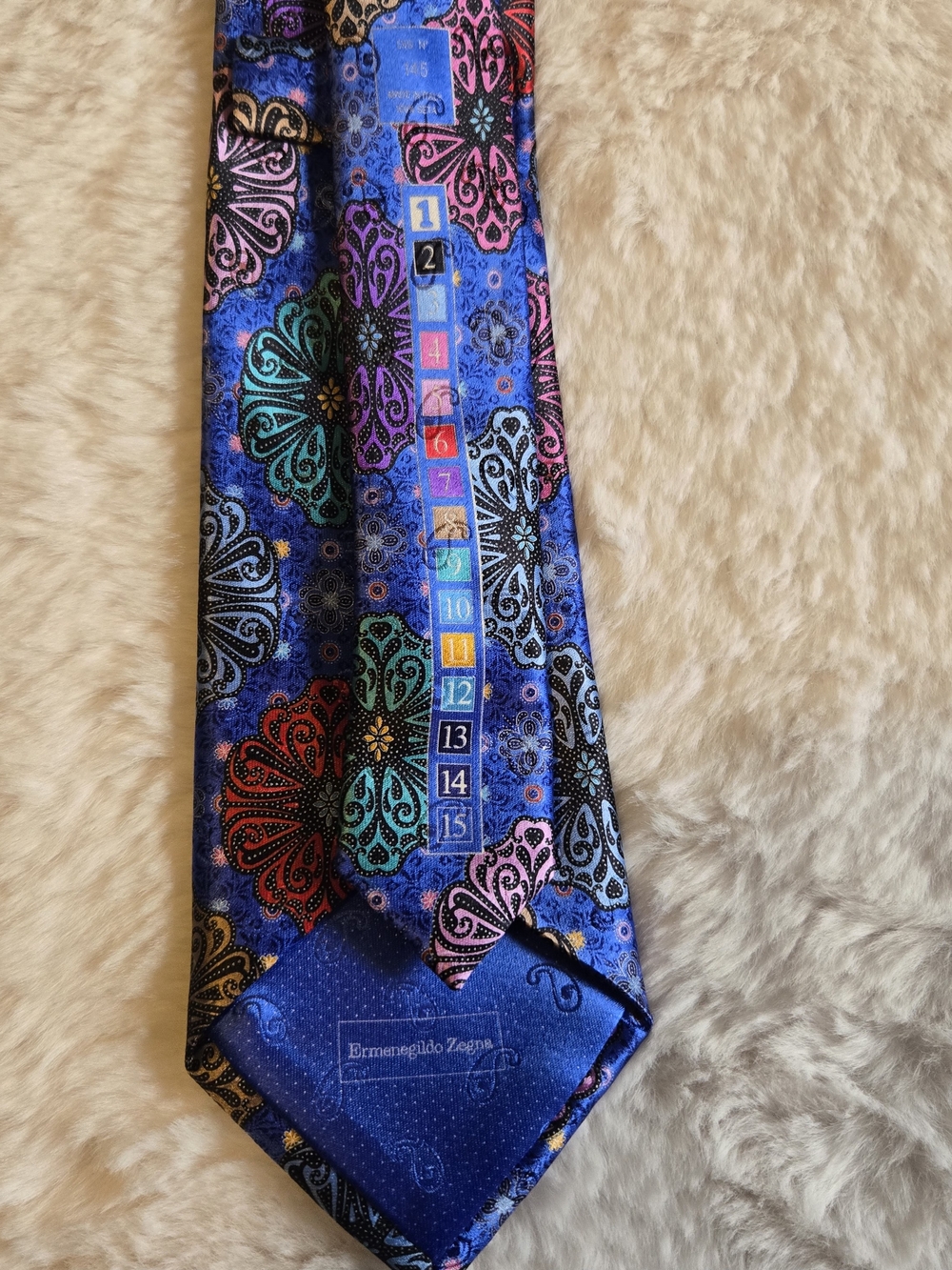 Ermenegildo Zegna Quindici Blue Tie with Multicolor Medallion Motifs - Picture 9 of 10